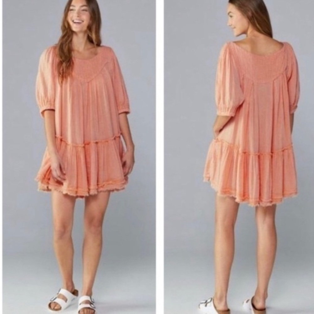 Free People Mystery Land Tunic Dress Small Peach Gauzy Boho Tiered Mini Dress